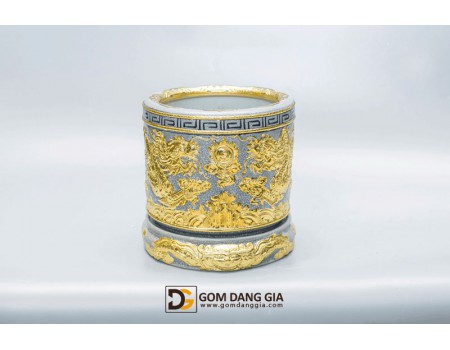 Bát hương đắp nổi lưỡng long chầu nguyệt men rạn cổ, mạ vàng Bát hương đắp nổi lưỡng long chầu nguyệt men rạn cổ, mạ vàng